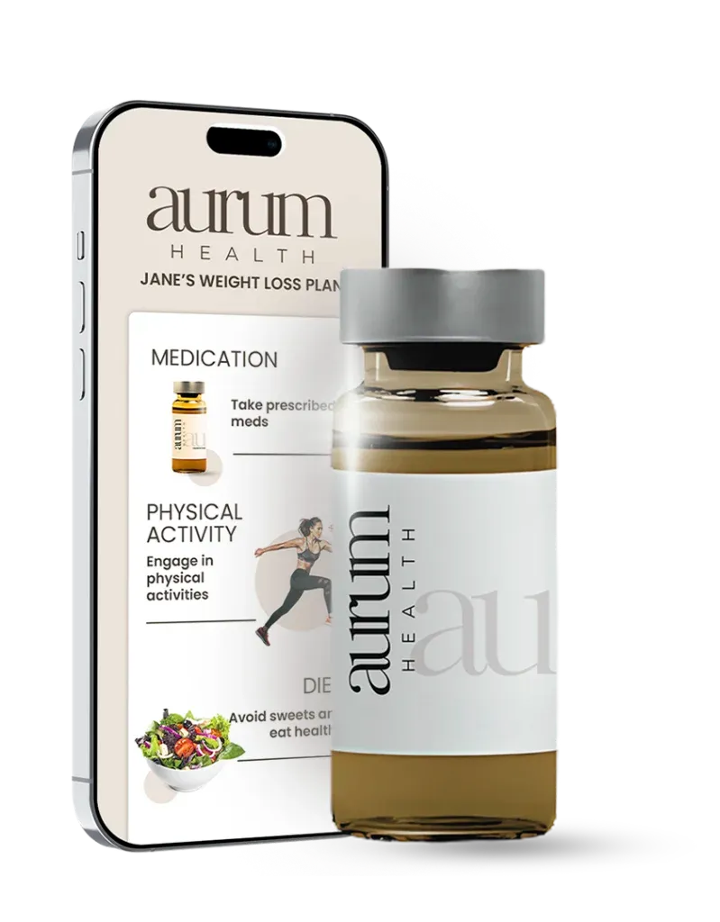 Phone screen showing “Jane’s Weight Loss Plan” by Aurum Health next to a medication vial.